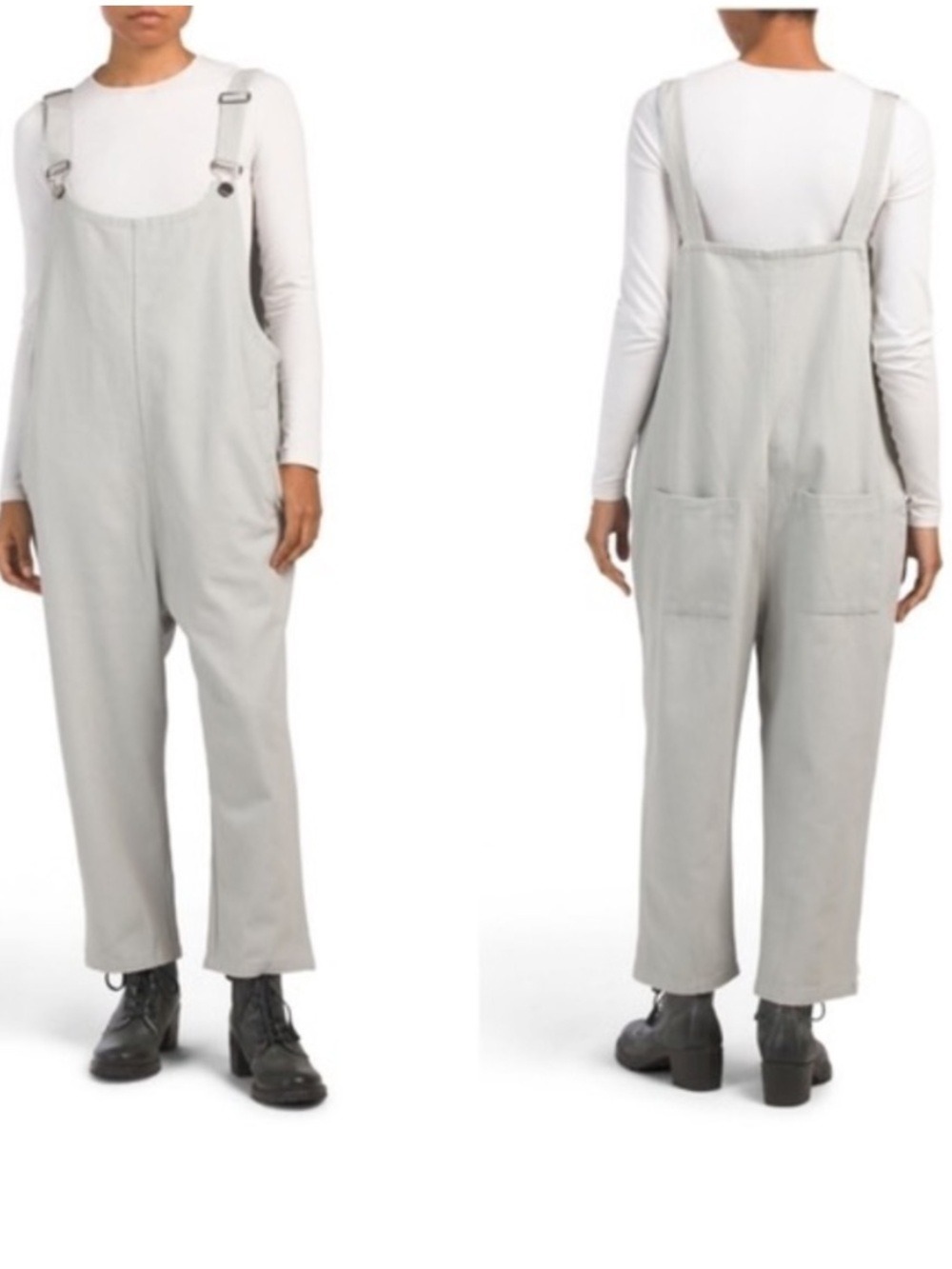 Ebby and I Light Grey Denim Oversized Cropped Baggy Overalls, size XS